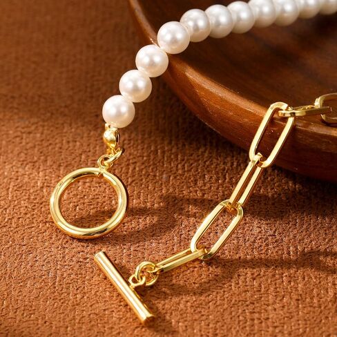 Half Faux Pearl Half Chain Necklace,Gold-tone Paperclip Necklace for Women(N531) in Saudi Arabia