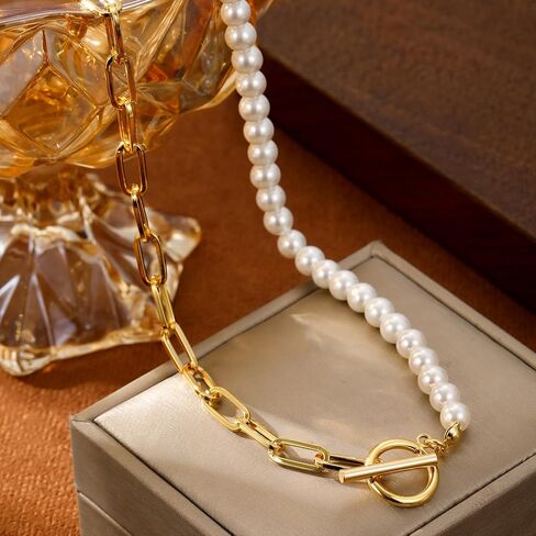 Half Faux Pearl Half Chain Necklace,Gold-tone Paperclip Necklace for Women(N531) in Saudi Arabia