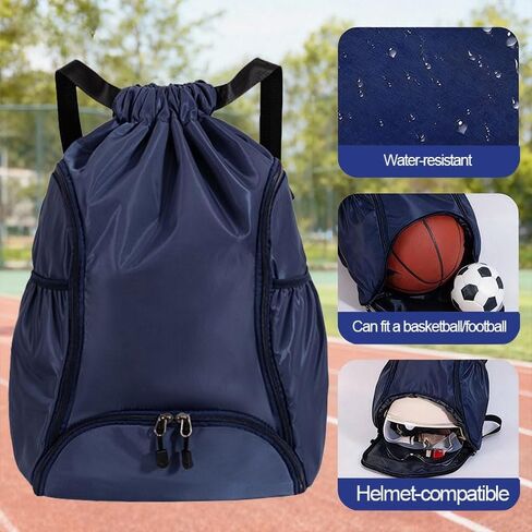 Drawstring Backpack Gym Bag with Dual Front Zipper Pockets & Expandable Side Pockets, Adjustable Shoulder Straps for Soccer, Basketball, Swim, Gym Commute Travel, Blue in Saudi Arabia
