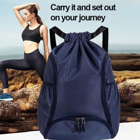 Drawstring Backpack Gym Bag with Dual Front Zipper Pockets & Expandable Side Pockets, Adjustable Shoulder Straps for Soccer, Basketball, Swim, Gym Commute Travel, Blue in Saudi Arabia