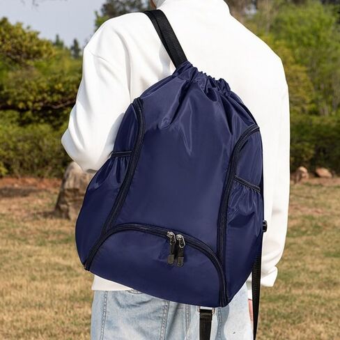 Drawstring Backpack Gym Bag with Dual Front Zipper Pockets & Expandable Side Pockets, Adjustable Shoulder Straps for Soccer, Basketball, Swim, Gym Commute Travel, Blue in Saudi Arabia