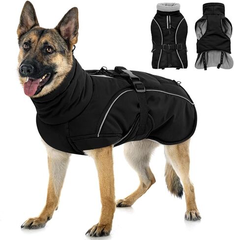 Queenmore Medium Dog Coat, Winter Dog Jacket, Waterproof Puffy Dog Snowsuit, Adjustable Reflective Fleece Lining Warm Padding Parka for Cold Weather, Red M in Saudi Arabia