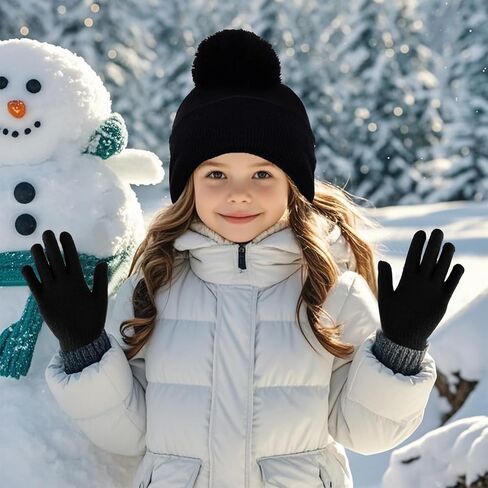 Kids Winter Beanie Hat and Gloves Set for Boys Girls, Knit Hat Warm Gloves Unisex Cold Weather Cap Stretchy Glove in Saudi Arabia