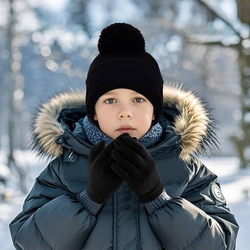 Kids Winter Beanie Hat and Gloves Set for Boys Girls, Knit Hat Warm Gloves Unisex Cold Weather Cap Stretchy Glove in Saudi Arabia