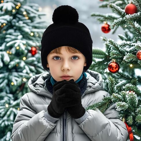 Kids Winter Beanie Hat and Gloves Set for Boys Girls, Knit Hat Warm Gloves Unisex Cold Weather Cap Stretchy Glove in Saudi Arabia