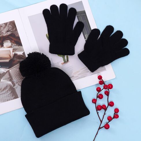 Kids Winter Beanie Hat and Gloves Set for Boys Girls, Knit Hat Warm Gloves Unisex Cold Weather Cap Stretchy Glove in Saudi Arabia