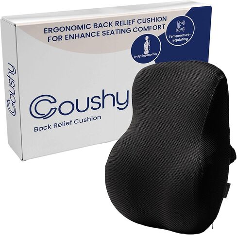 Coushy| Ergonomic Back Relief Cushion| Office Desk Accessories: Chair Cushions, Car Seat Cushion, Office Chair Cushion for Back-Supporting Lumbar Support Pillow for Back Pain (Black) in Saudi Arabia