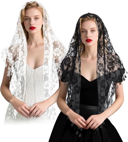 2 Pcs Mantilla Catholic Chapel Veils, Triangle Veil Cathedral Head Covering Triangle Lace Tulle Scarf Covering for Women Latin Mass Veils Church Headband Floral Headwrap for Wedding Bridesmaid in Saudi Arabia