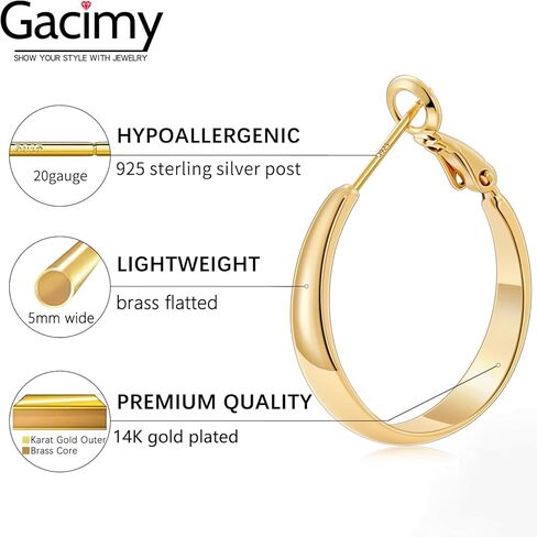 Gacimy 5mm Wide Gold Hoop Earrings for Women, 14K Gold Plated Hoops with 925 Sterling Silver Post, Hypoallergenic Earrings for Women in Saudi Arabia