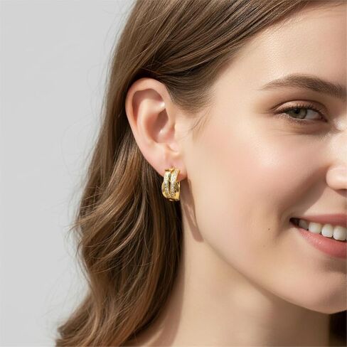 14K Gold Plated Hoop Earrings 14 Karat Gold Plated Earrings for Women Thick Small Diamond Hoop Earring X-shaped Hoops Earring for Women 20MM in Kuwait