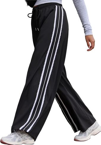 Yeokou Women's Wide Leg Sweatpants Side Stripe Crochet Slip on Drawstring Casual Running Track Palazzo Pants with Pockets in Saudi Arabia