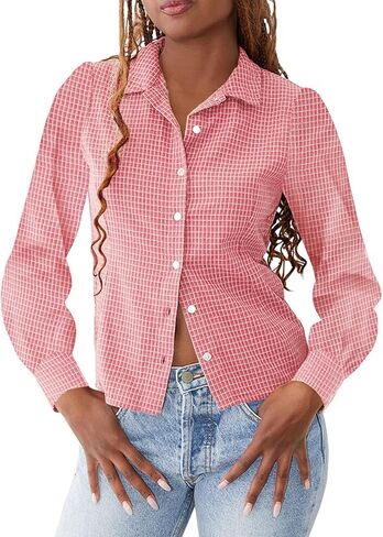 قميص نسائي Y2k منقوش بأزرار قميص عتيق بأكمام طويلة قميص Coquette Preppy بياقة على شكل V بلوزة ذات ياقة على شكل حرف V قطع علوية للعمل الجمالي in Saudi Arabia