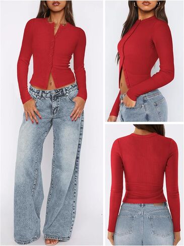 Womens Ribbed Button Down Long Sleeve Top Knit Button Up Fitted Cardigans Cropped Cute Fall Going Out Tops for Women in Saudi Arabia