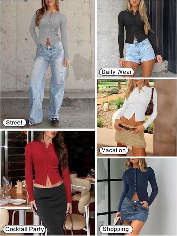 Womens Ribbed Button Down Long Sleeve Top Knit Button Up Fitted Cardigans Cropped Cute Fall Going Out Tops for Women in Saudi Arabia