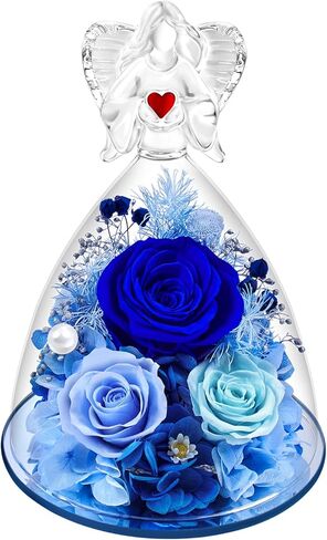 زهور محفوظة في تمثال ملاك زجاجي مع ضوء LED، زينة لامعة لعيد ميلاد الزهور الأبدية من Forever Real Roses Prime للنساء والأم والجدة والأخت (أزرق) in Saudi Arabia