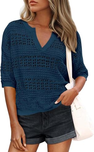 PRETTYGARDEN Womens Crochet Tops Dressy Casual Cotton Hollow Out Knit Short Sleeve Sweater for Women Summer Beach Cover Up in Saudi Arabia