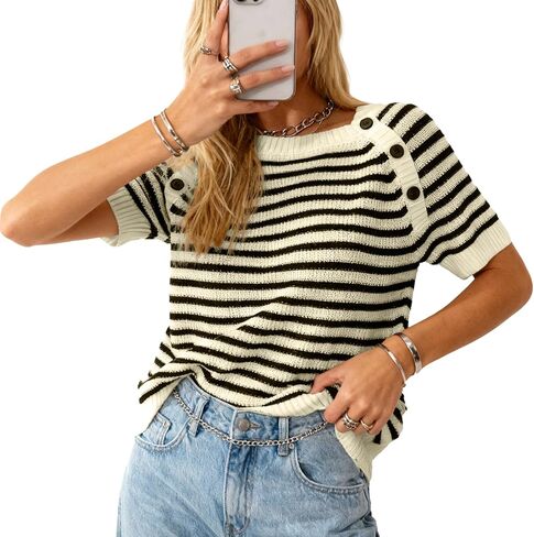 سترة نسائية مخططة، سترة محبوكة برقبة دائرية، أكمام قصيرة، ملابس علوية خفيفة الوزن، تي شيرت صيفي كاجوال in Kuwait