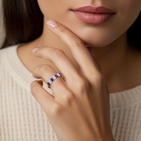 14k Solid White or Yellow Gold 1 Carat Alternating Oval Lab Grown Blue Sapphire and Diamond 7-Stone Ring Band for Women, September Birthstone, Wedding, Anniversary Ring, Sizes 4-10 in Saudi Arabia