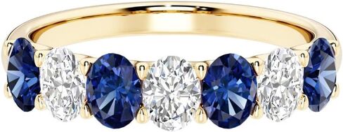 14k Solid White or Yellow Gold 1 Carat Alternating Oval Lab Grown Blue Sapphire and Diamond 7-Stone Ring Band for Women, September Birthstone, Wedding, Anniversary Ring, Sizes 4-10 in Saudi Arabia