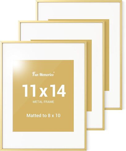 إطار صور Fun Memories مقاس 11 × 14، إطارات ملصقات معدنية ذهبية مقاس 11 × 14 مع حصيرة قابلة للإزالة مقاس 8 × 10، شاشة عرض رأسية وأفقية، تعليق على الحائط، زجاج شبكي عالي الدقة، مجموعة من 1 in Kuwait