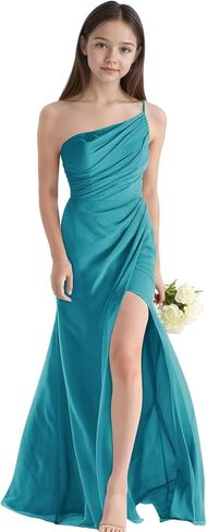 الشيفون مطوي فستان العروسة صغار الفتيات السامية الشق طويل ثوب رسمي زفاف واحد الكتف زهرة فتاة فساتين in Kuwait