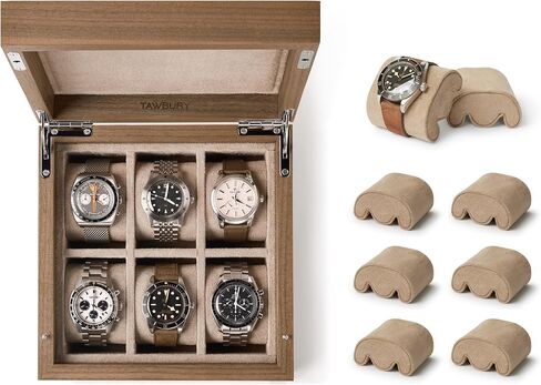 TAWBURY Grove 6 Slot Wooden Watch Box with Solid Lid in Light Walnut with a Set of X-Small Pillows for Smaller Wrists in Saudi Arabia