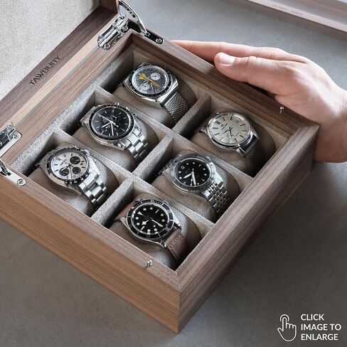TAWBURY Grove 6 Slot Wooden Watch Box with Solid Lid in Light Walnut with a Set of X-Small Pillows for Smaller Wrists in Saudi Arabia