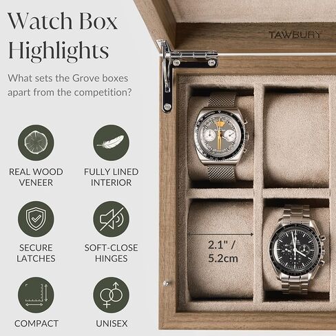 TAWBURY Grove 6 Slot Wooden Watch Box with Solid Lid in Light Walnut with a Set of X-Small Pillows for Smaller Wrists in Saudi Arabia