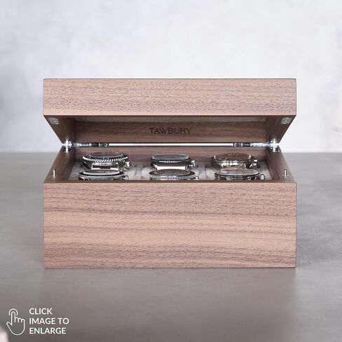 TAWBURY Grove 6 Slot Wooden Watch Box with Solid Lid in Light Walnut with a Set of X-Small Pillows for Smaller Wrists in Saudi Arabia