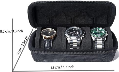 3 Watch Travel Case Roll, Hard Watch Carry Case Roll Display Storage Organizer Box With Soft Foam Pillows Snug Fit All Size Watches Up To 60mm Face-Black in Saudi Arabia