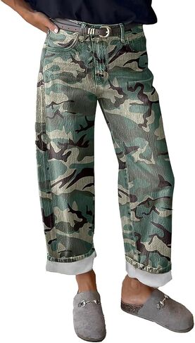 بنطال Flamingals Camo مستقيم الساق للنساء سروال كاجوال فضفاض متوسط ​​الارتفاع بدون حزام in Kuwait