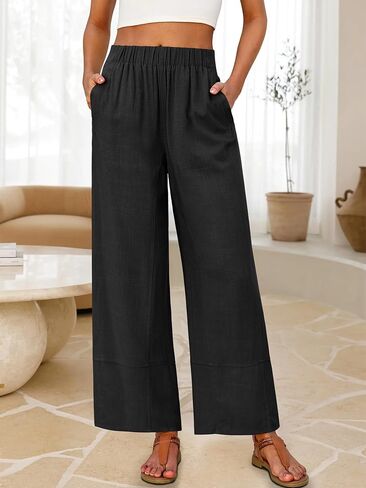 ANRABESS Women's Wide Leg Linen Pants Summer Boho Casual Elastic Waist Long Lounge Travel Pants Trousers with Pockets in Saudi Arabia