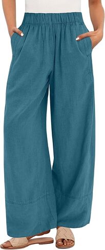 ANRABESS Women's Wide Leg Linen Pants Summer Boho Casual Elastic Waist Long Lounge Travel Pants Trousers with Pockets in Saudi Arabia