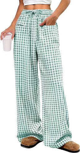 ANRABESS Womens Striped Gingham Pants 2025 Pajama Drawstring Wide Leg Lounge Plaid Pants Cute Casual Trousers with Pockets in Saudi Arabia