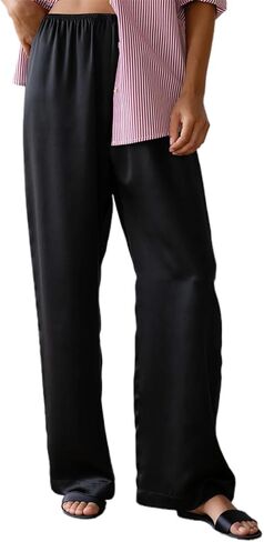 SOLILOQUY Women Y2K Satin Wide Leg Pants Casual Elastic High Waist Solid Loose Fit Lounge Pants Office Ladies Work Trousers in Saudi Arabia