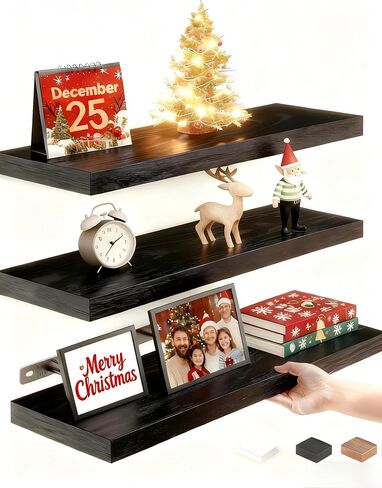 Vervida® Floating Shelves for Wall, 15" Rustic Wood Deep Wall Mounted Shelves with Invisible Brackets for Decor & Storage, Floating Shelf for Living Room, Bathroom (Black, Set of 3) in Saudi Arabia
