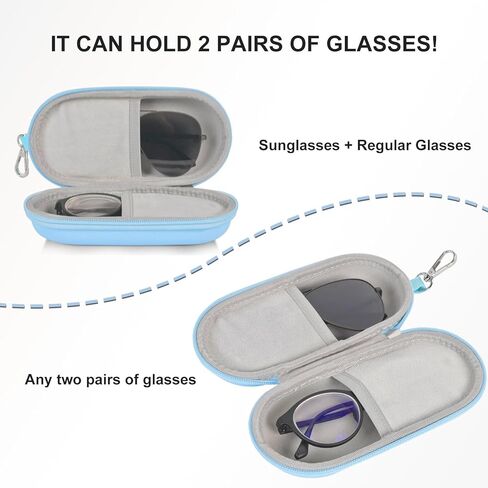 Double Glasses Case,Dual Eyeglasses & Sunglasses Organizer with Clip Zipper Closure for Travel 2 Pairs Storage Box Blue in Kuwait