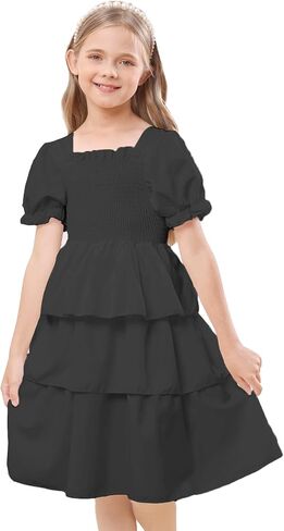 Girls Summer Dress Elegant Tie Back Short Sleeve Dress for Kids Teens,Breathable Daily Wear in Saudi Arabia