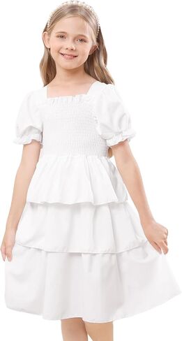 Girls Summer Dress Elegant Tie Back Short Sleeve Dress for Kids Teens,Breathable Daily Wear in Saudi Arabia