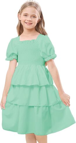 Girls Summer Dress Elegant Tie Back Short Sleeve Dress for Kids Teens,Breathable Daily Wear in Saudi Arabia