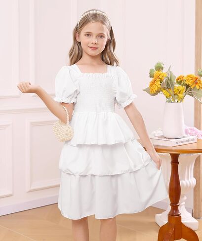 Girls Summer Dress Elegant Tie Back Short Sleeve Dress for Kids Teens,Breathable Daily Wear in Saudi Arabia