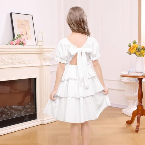 Girls Summer Dress Elegant Tie Back Short Sleeve Dress for Kids Teens,Breathable Daily Wear in Saudi Arabia