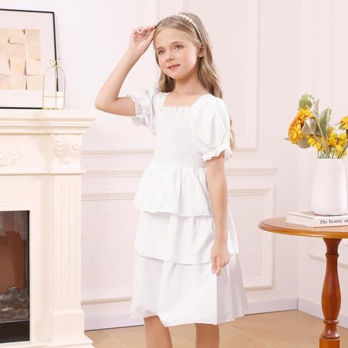 Girls Summer Dress Elegant Tie Back Short Sleeve Dress for Kids Teens,Breathable Daily Wear in Saudi Arabia