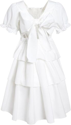 Girls Summer Dress Elegant Tie Back Short Sleeve Dress for Kids Teens,Breathable Daily Wear in Saudi Arabia