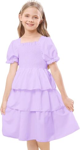 Girls Summer Dress Elegant Tie Back Short Sleeve Dress for Kids Teens,Breathable Daily Wear in Saudi Arabia