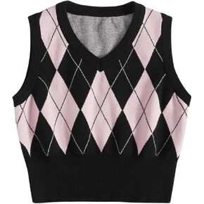 SweatyRocks Women's Geometric Pattern Sweater Vest V Neck Sleeveless Preppy Style Crop Tank Top in Saudi Arabia