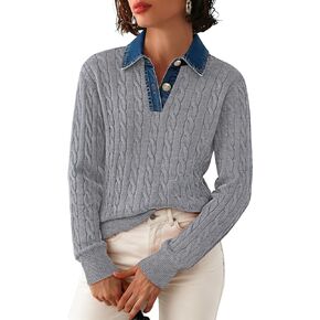 SAUKOLE Sweaters for Women Denim Lapel V Neck Buttons Closure Casual Long Sleeve Cable Knit Loose Pullover Sweater in Kuwait