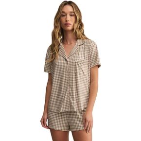 قميص Z SUPPLY النسائي Amy Gingham، كم قصير، قهوة مثلجة in Saudi Arabia