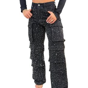 Womens High Waisted Rhinestone Jeans Black Straight Chic Baggy Wide Leg Bling Denim Pants Loose Fit Pearl Jeans in Saudi Arabia