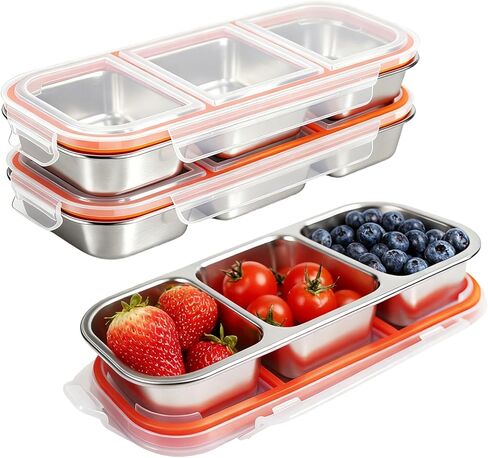 3 Pack 304 Stainless Steel Snack Containers, Reusable Leek Proof Metal Lunch Box with 3 Compartment, Food Storage Containers for Home, Work, Travel in Saudi Arabia